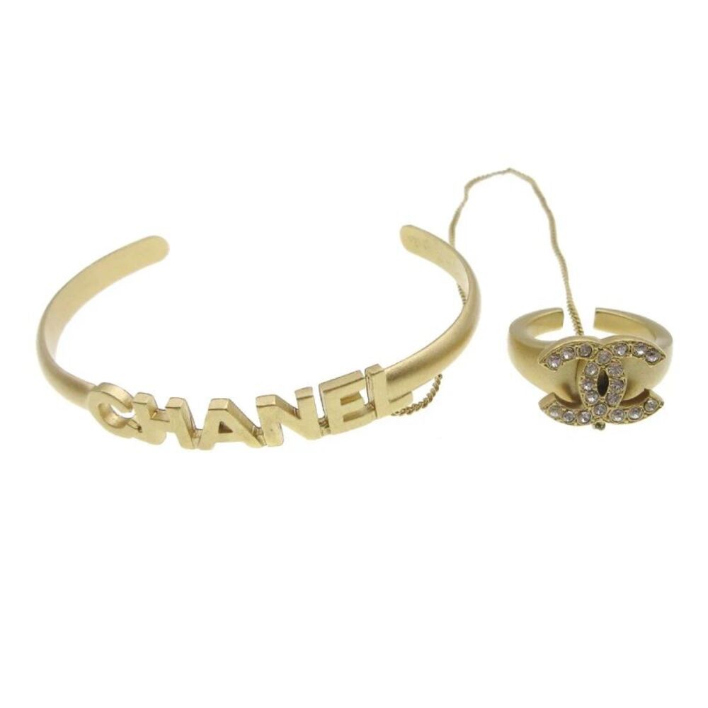 Chanel Logo Bangle With Chain Attached Cc Metal With Crystal Gold Gold_Plated